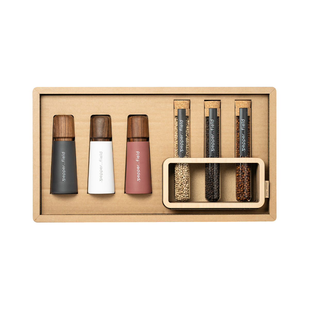 Luxury gift box made from recycled cardboard with 3 grinders and Kampot  m of pepper in test tubes with a stand (3× 70 g)