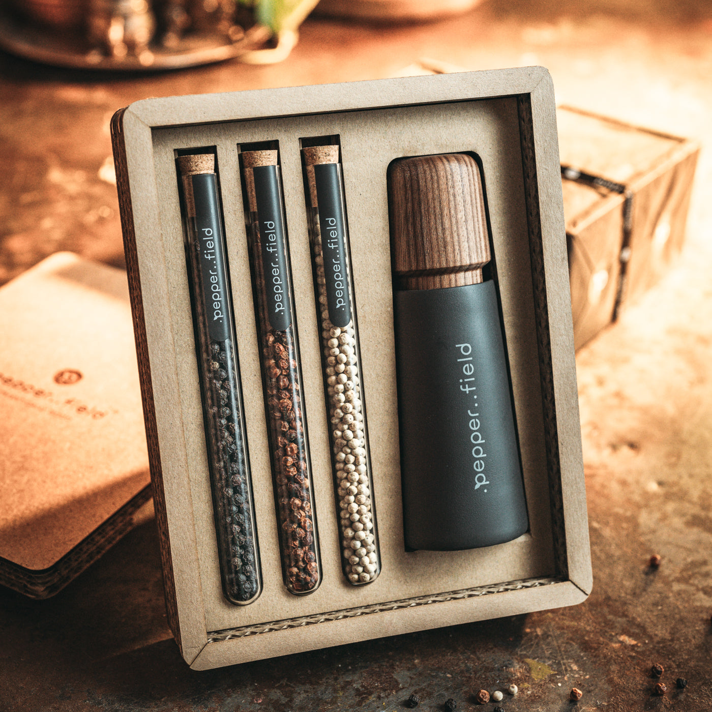 Scandinavian Grinder with a set of test tubes with Kampot  pepper in a gift cardboard box (3× 10 g)