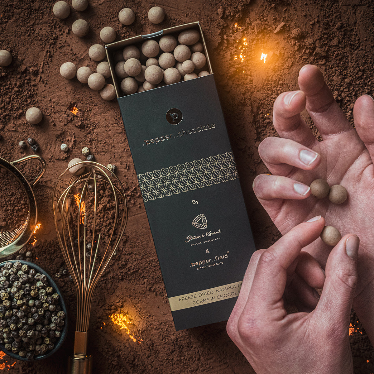 Golden chocolate dragees with lyophilized Kampot  pepper – .pepper..chocolate