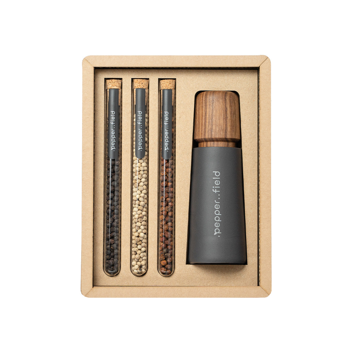 Moulin scandinave avec un jeu de tubes à essai au poivre de Kampot dans un coffret cadeau en carton (3x10g)