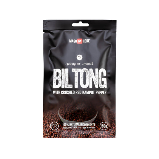 Sušené mäso BILTONG s drveným červeným kampotským korením - 50g